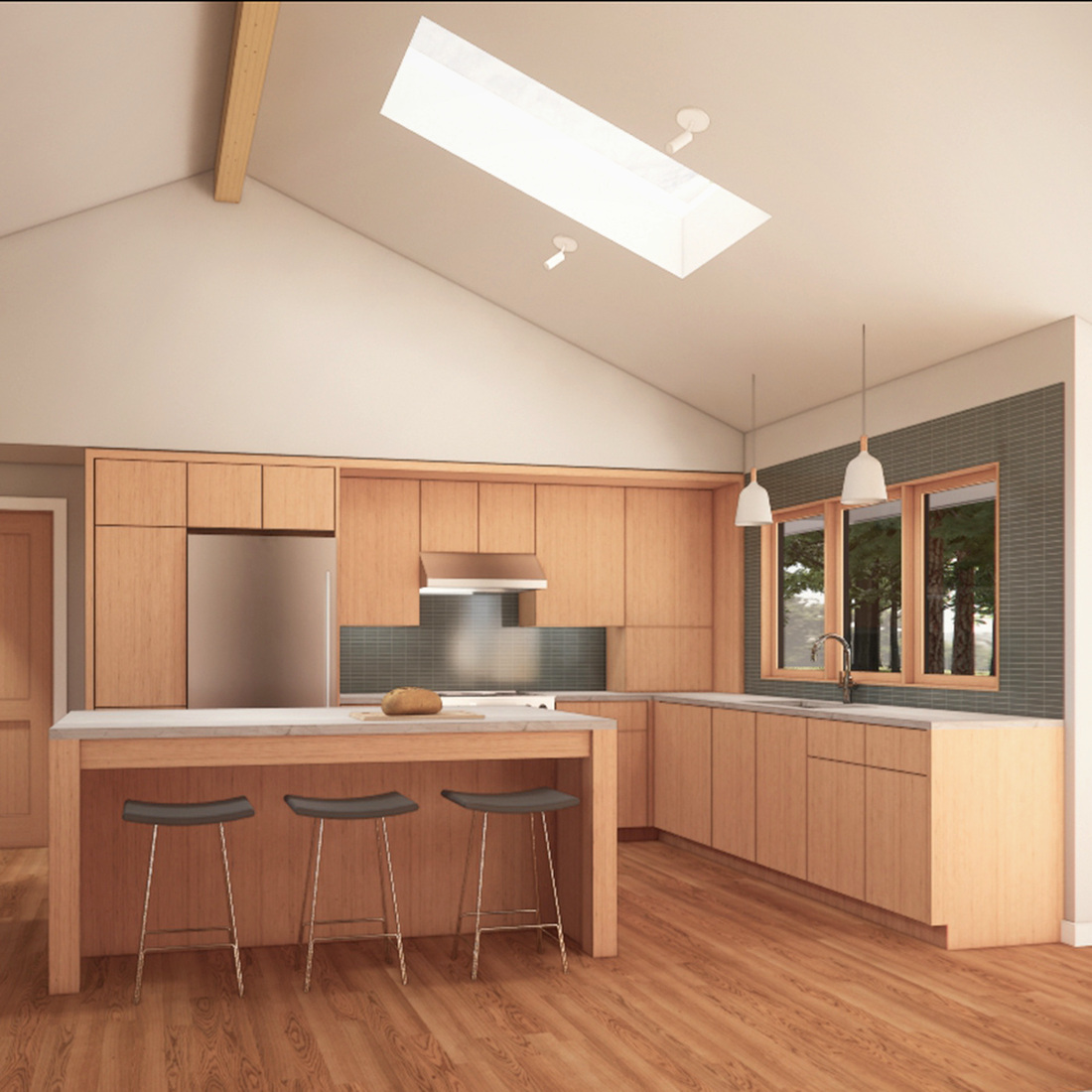 Kitchen rendering with vaulted ceiling, skylight, warm wood cabinets, and island seating, Mountaindale home design by Tweto Architecture