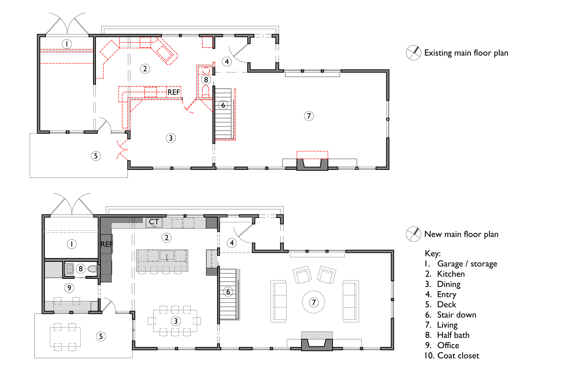 Existing and new main floor plans showing kitchen opened to dining, island added, and new half bath and office carved from existing space, Arlington Heights Remodel by Tweto Architecture