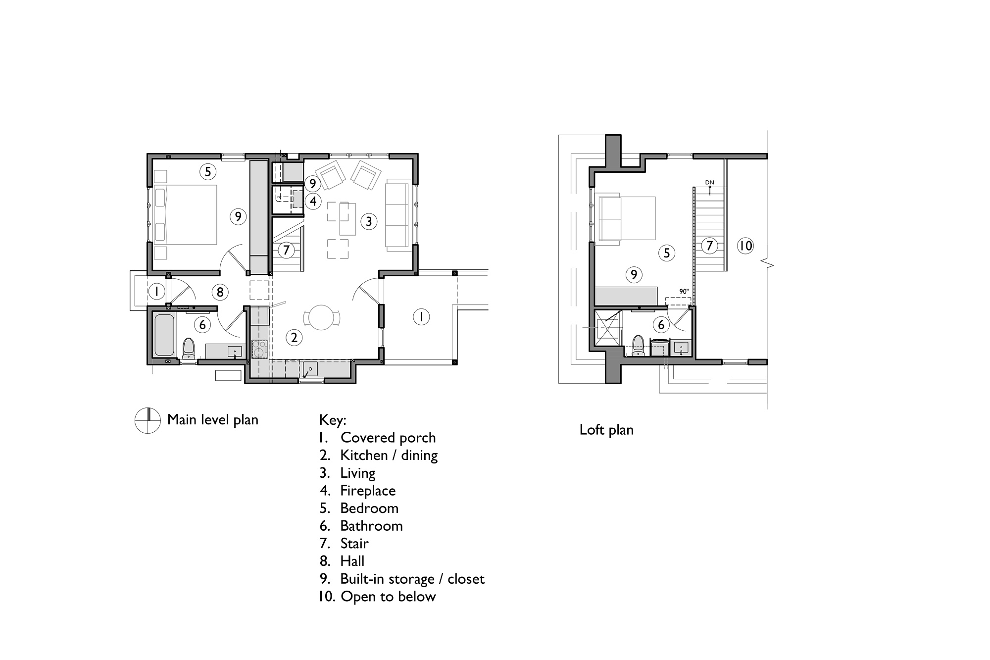 Main level and loft floor plans showing bedroom, kitchen, living, fireplace, and stair layout, Buckman ADU SE Portland by Tweto Architecture