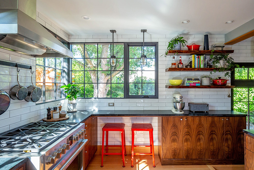 Concordia kitchen remodel with walnut and steel windows, Portland