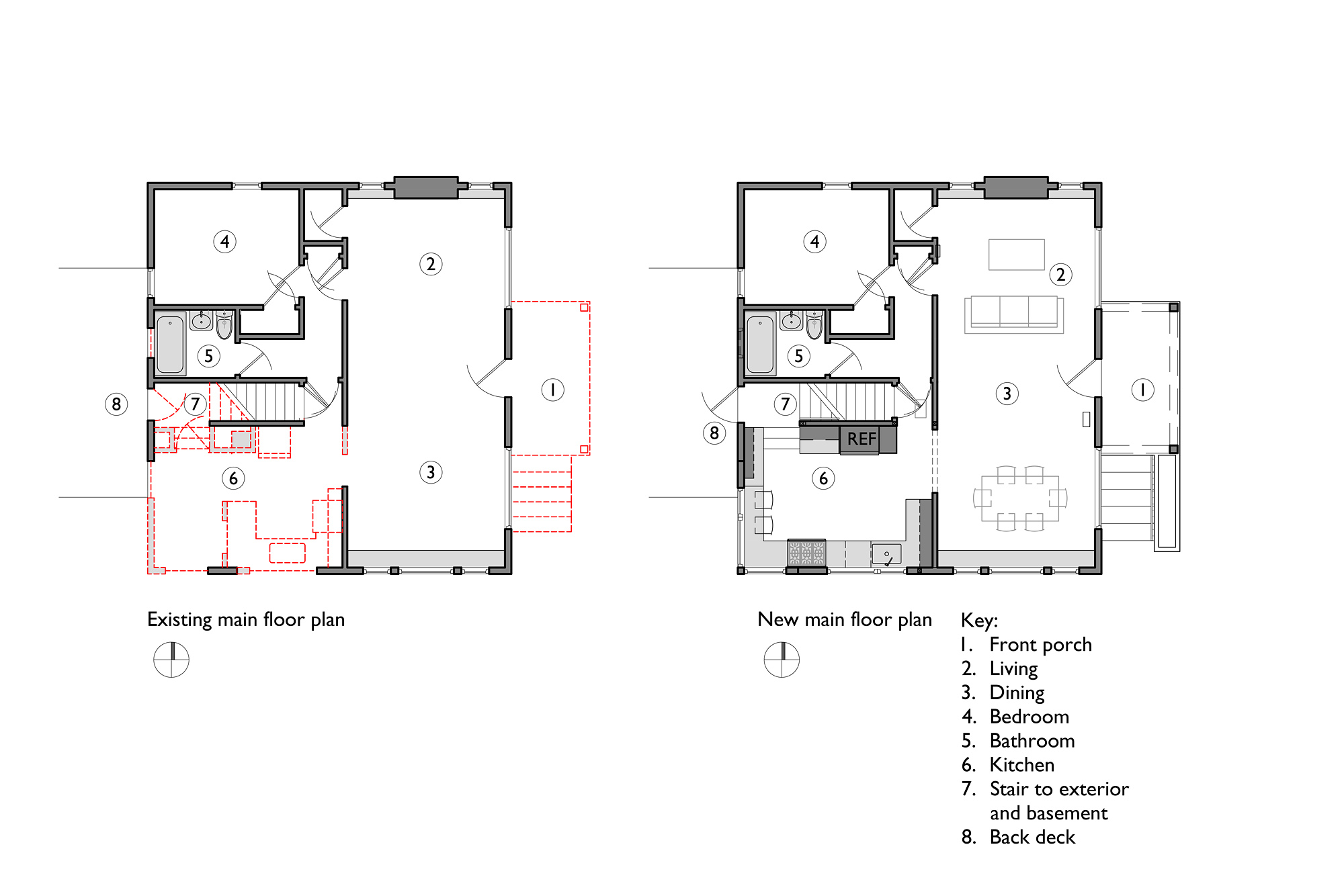 Existing and new main floor plans side by side showing the reconfigured kitchen, new back deck, and opened connection to the dining room, Concordia Kitchen by Tweto Architecture