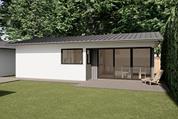 Rendering of a single-level ADU with white siding, a standing-seam metal roof and a glass-walled covered patio, Cherry Crest Drive ADU in Lake Oswego by Tweto Architecture