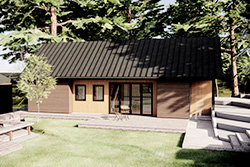 Rendering of a small gabled home with a dark metal roof, wood siding and an inset covered porch, NW 112th home in Portland by Tweto Architecture