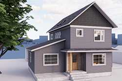 Rendering of a two-story addition with grey lap siding, white trim and a wood front door, Winchell addition in Vancouver by Tweto Architecture