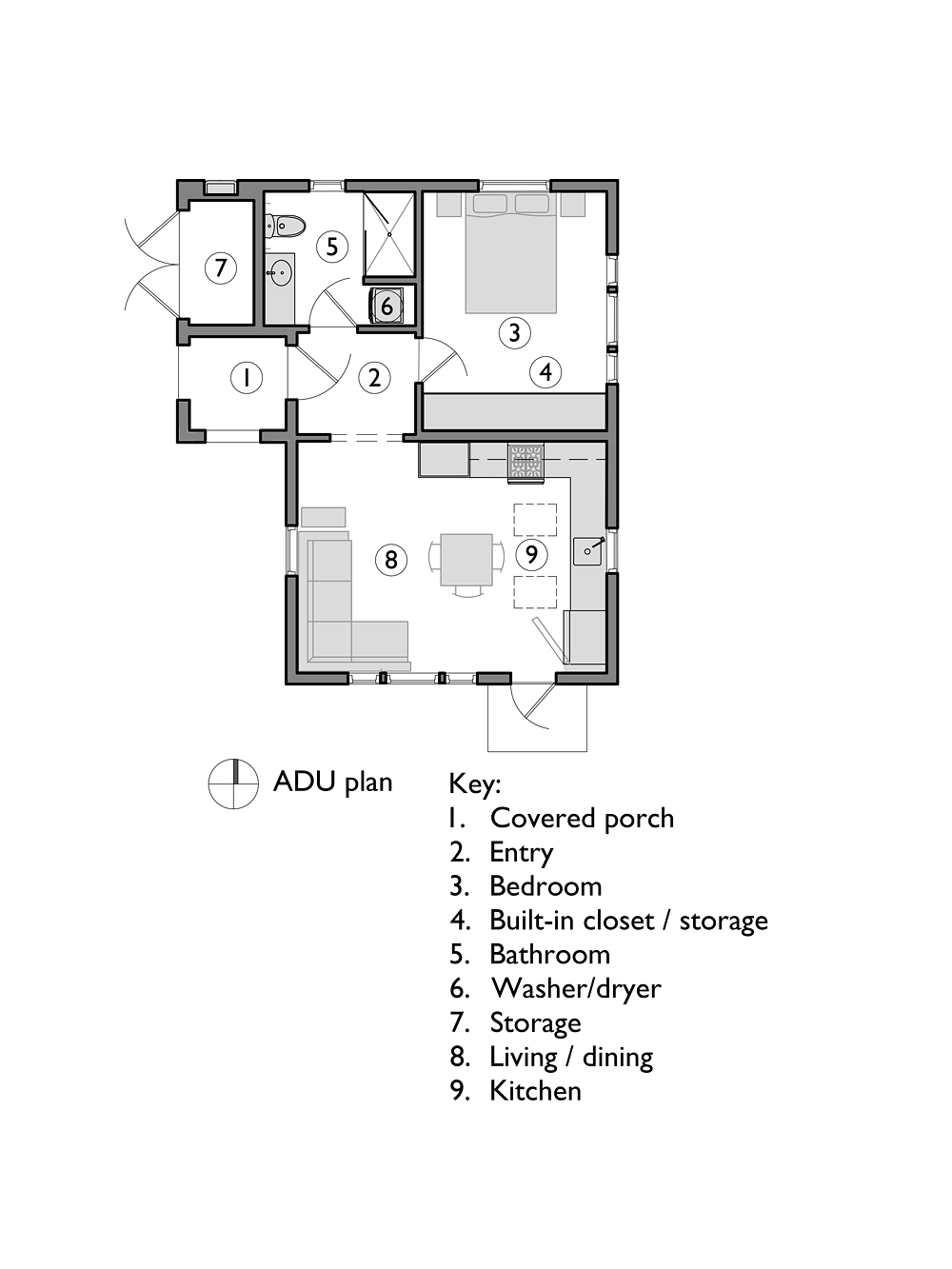 Floor plan of Irvington ADU showing covered porch, entry, bedroom with built-in closet, bathroom, living-dining, kitchen, and storage, by Tweto Architecture
