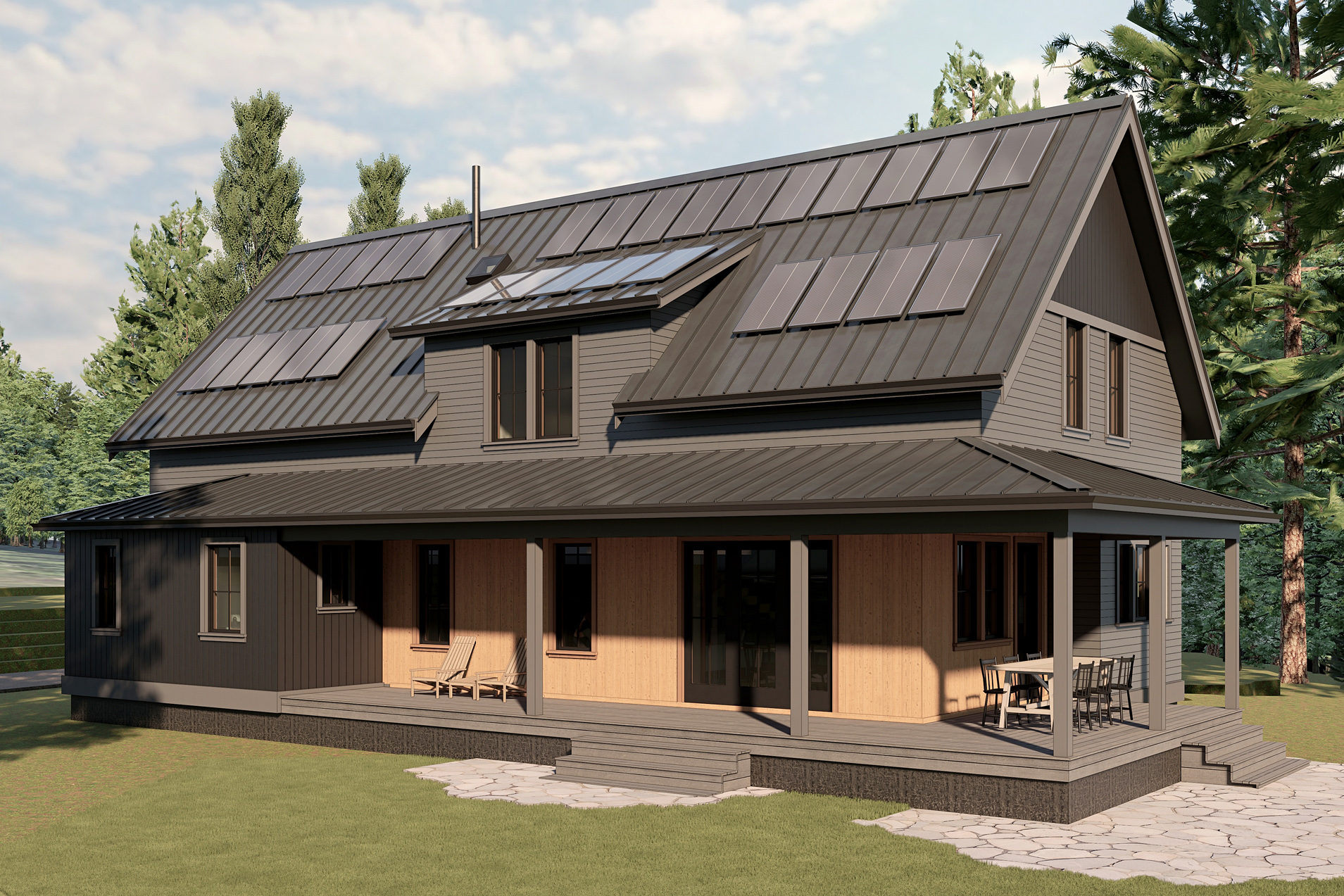 Southeast view of the Mountaindale Home — two-story farmhouse with dark olive siding, cedar accent panels, dark trim, wraparound covered porch, and charcoal metal roof with solar panels, near North Plains, Oregon, by Tweto Architecture