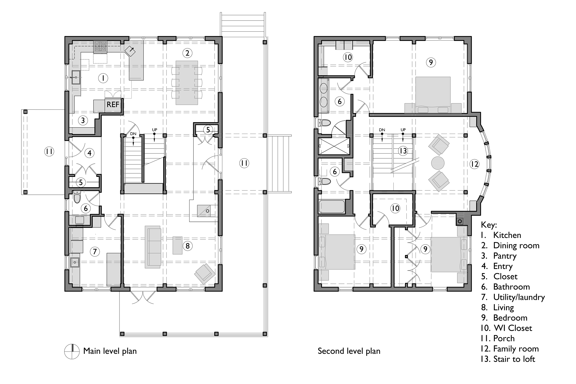 Main level and second level floor plans showing open kitchen and dining, central stair, three bedrooms, wraparound porch, and loft stair, North Plains Timber Frame by Tweto Architecture
