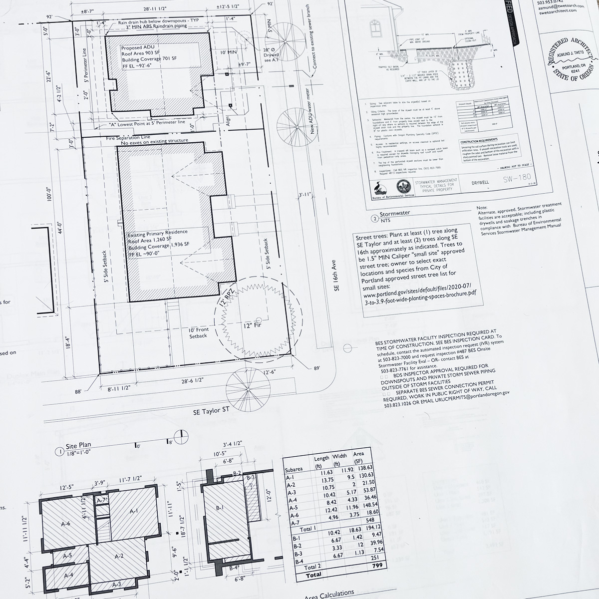 Land use permit drawings showing site plan and floor plan with stormwater notes and Oregon architect seal