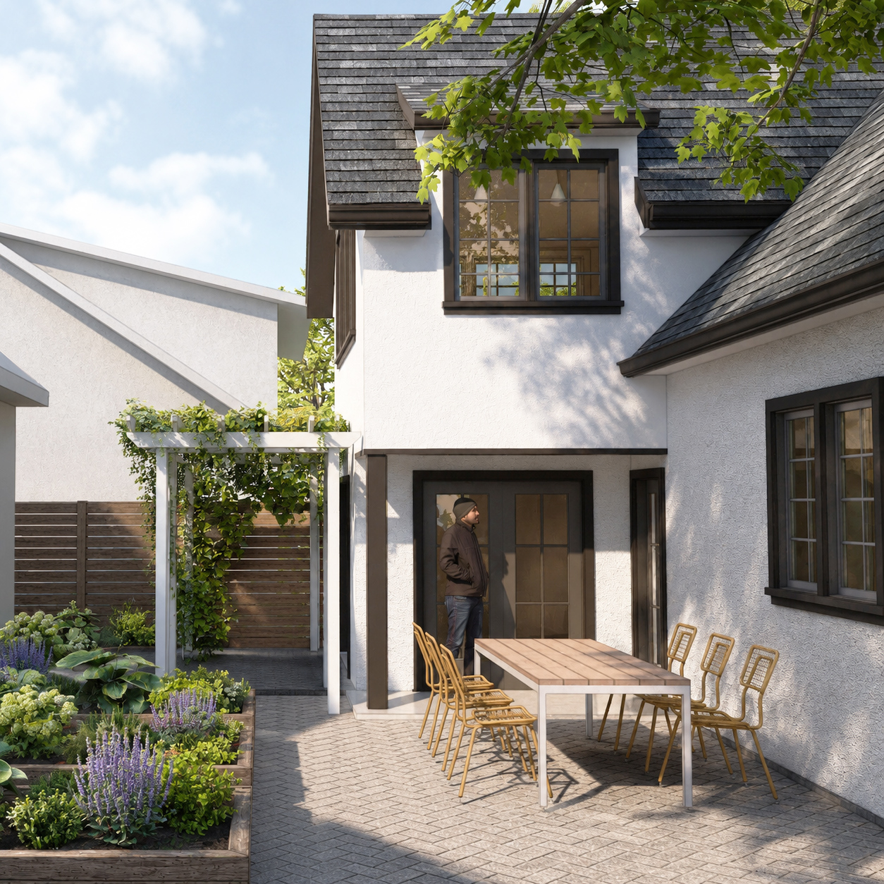 Architectural rendering of a remodel showing the back of a house with a patio, pergola, and garden beds, by Tweto Architecture
