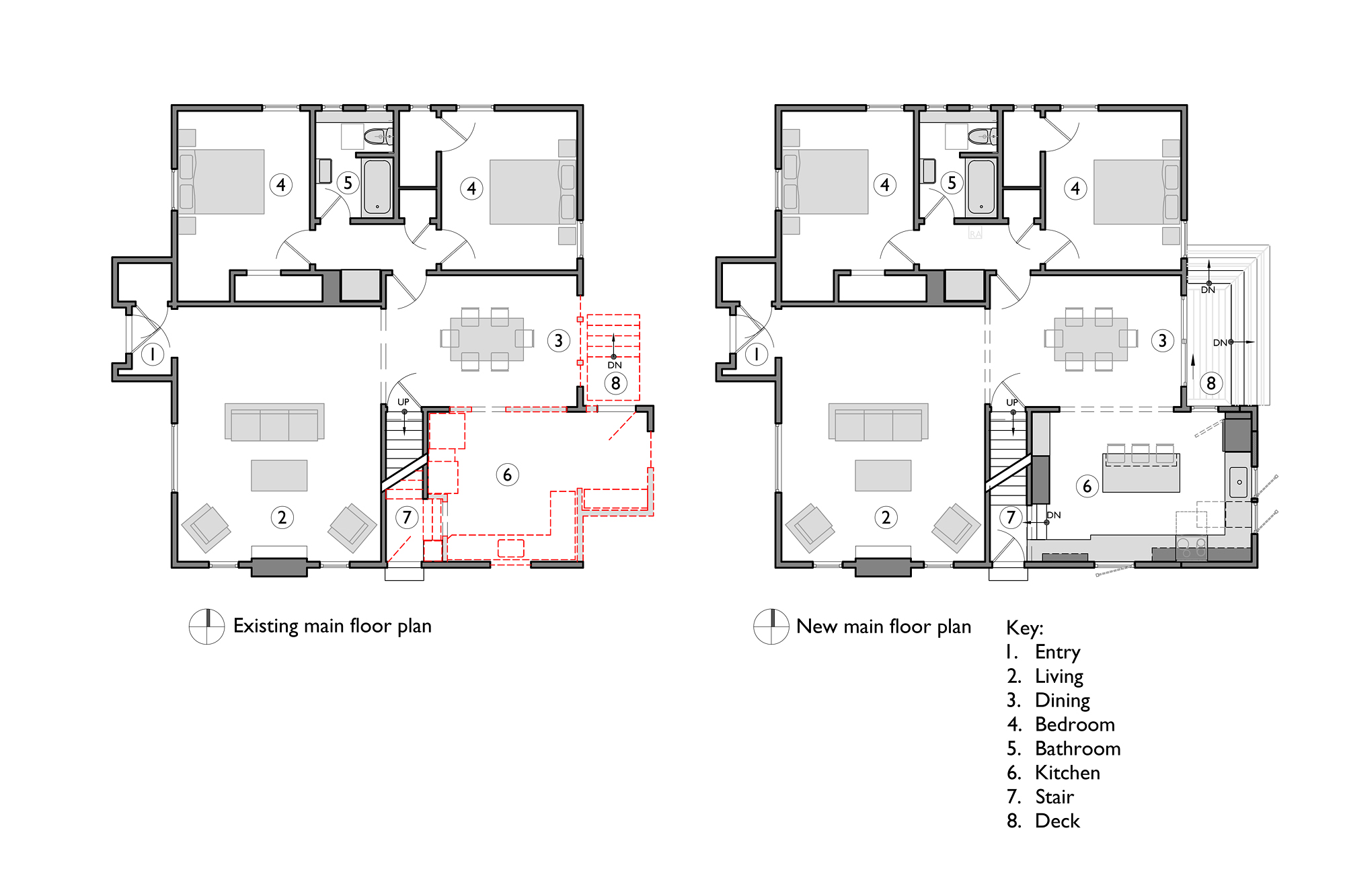 Existing and new main floor plans showing the small addition filling in the southeast corner to make room for the island and a wider dining room opening, Rose City Kitchen by Tweto Architecture
